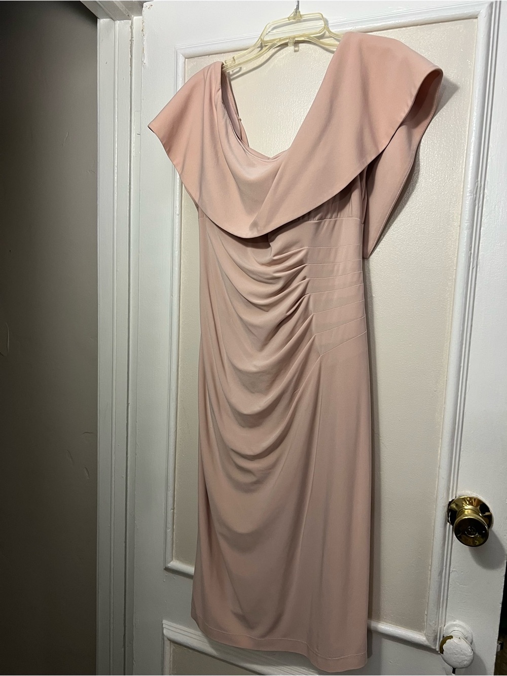 Xscape Draped Off-Shoulder Midi Dress in Blush
